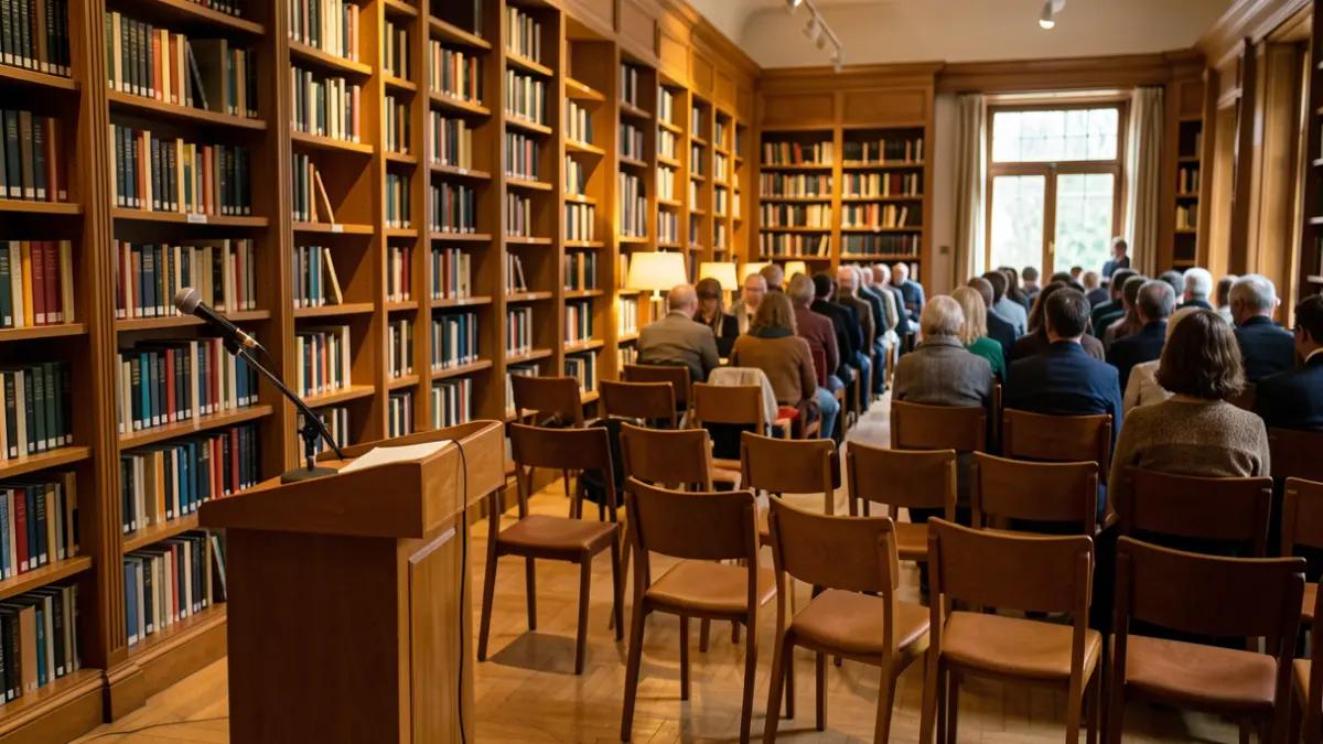 Imagen genérica de una biblioteca con un atril y micrófono preparada para un encuentro literario.
