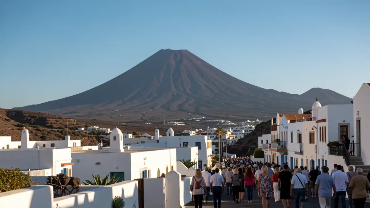Canary Islands volcanic landscape with a prominent volcano and traditional architecture.