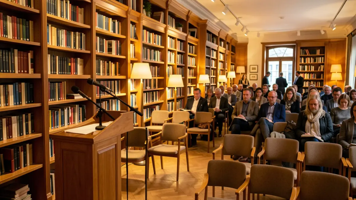 Imagen genérica de una sala de conferencias con un atril y micrófono, preparada para una charla divulgativa.
