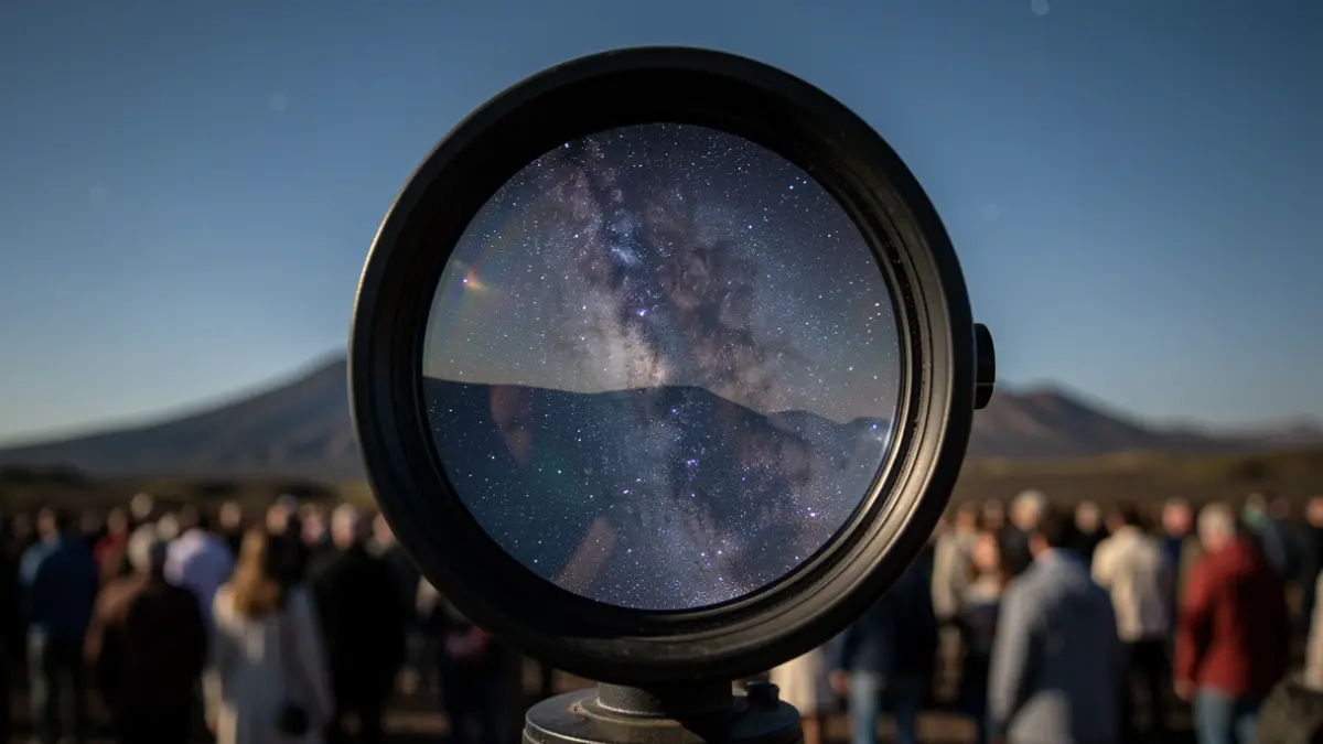 Generic image of a telescope pointing to the night sky over a volcanic landscape.