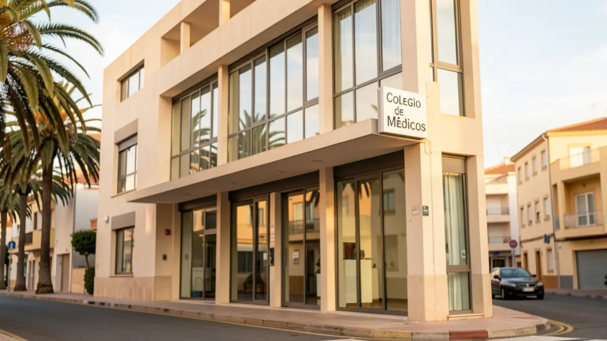Facade of the College of Physicians of Las Palmas de Gran Canaria, with a visible sign and located on an urban street.
