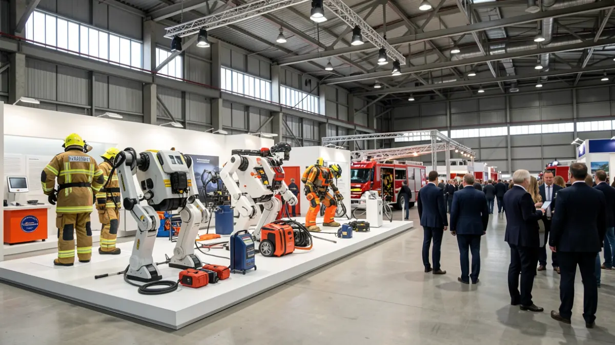 Technical equipment and emergency vehicles displayed at a professional exhibition.