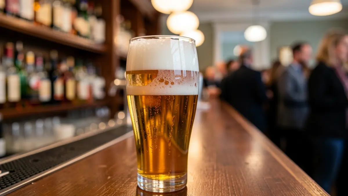Close-up of a beer glass with foam, with blurred bottles in the background.