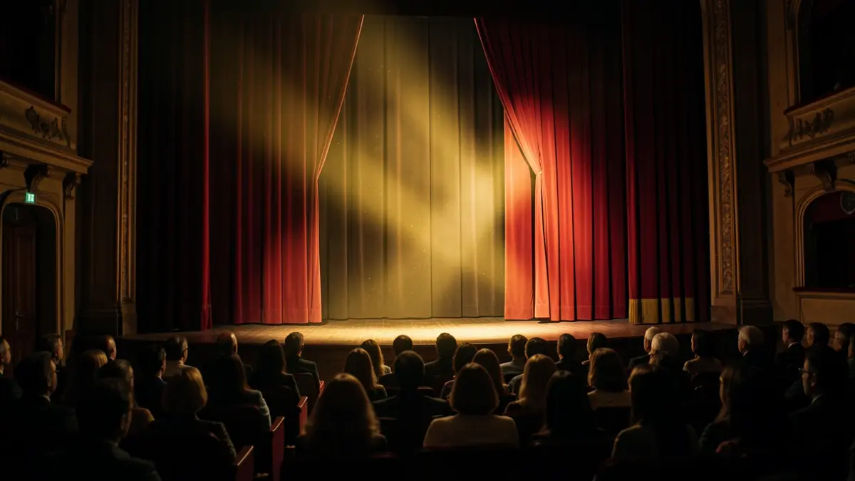 Imagen genérica de un carrete de cine iluminando un escenario de teatro vacío con cortinas rojas.