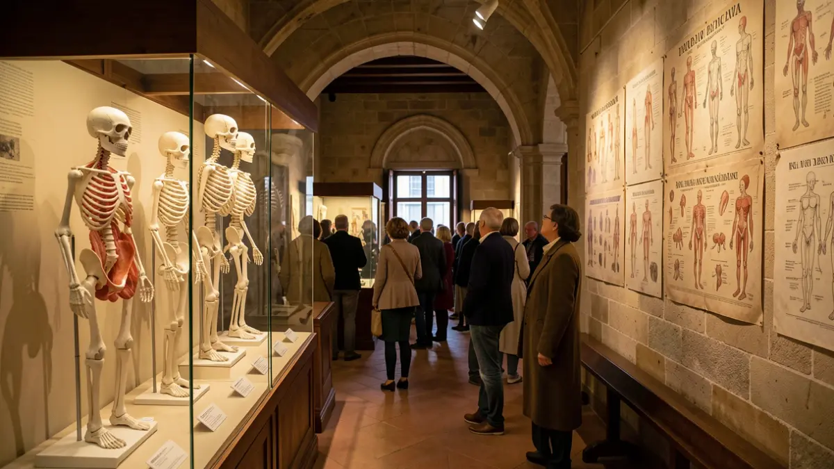 Interior of a historic institute's museum with anatomical models and a human skeleton in a display case.
