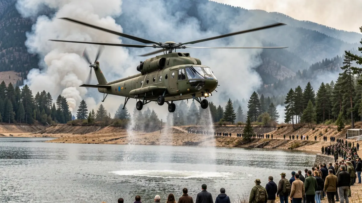 Helicóptero Kamov recogiendo agua de una balsa durante un incendio forestal en una zona montañosa de Gran Canaria.