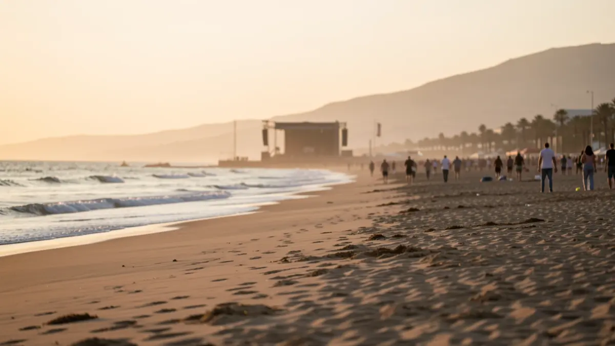 Stage of the Fuerteventura en Música festival on the beach at sunset.