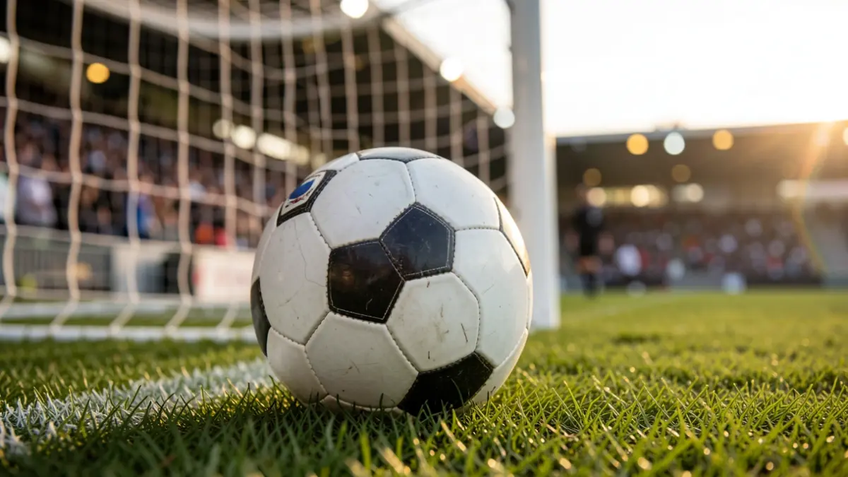 Generic image of a soccer ball on grass with the goal blurred in the background.