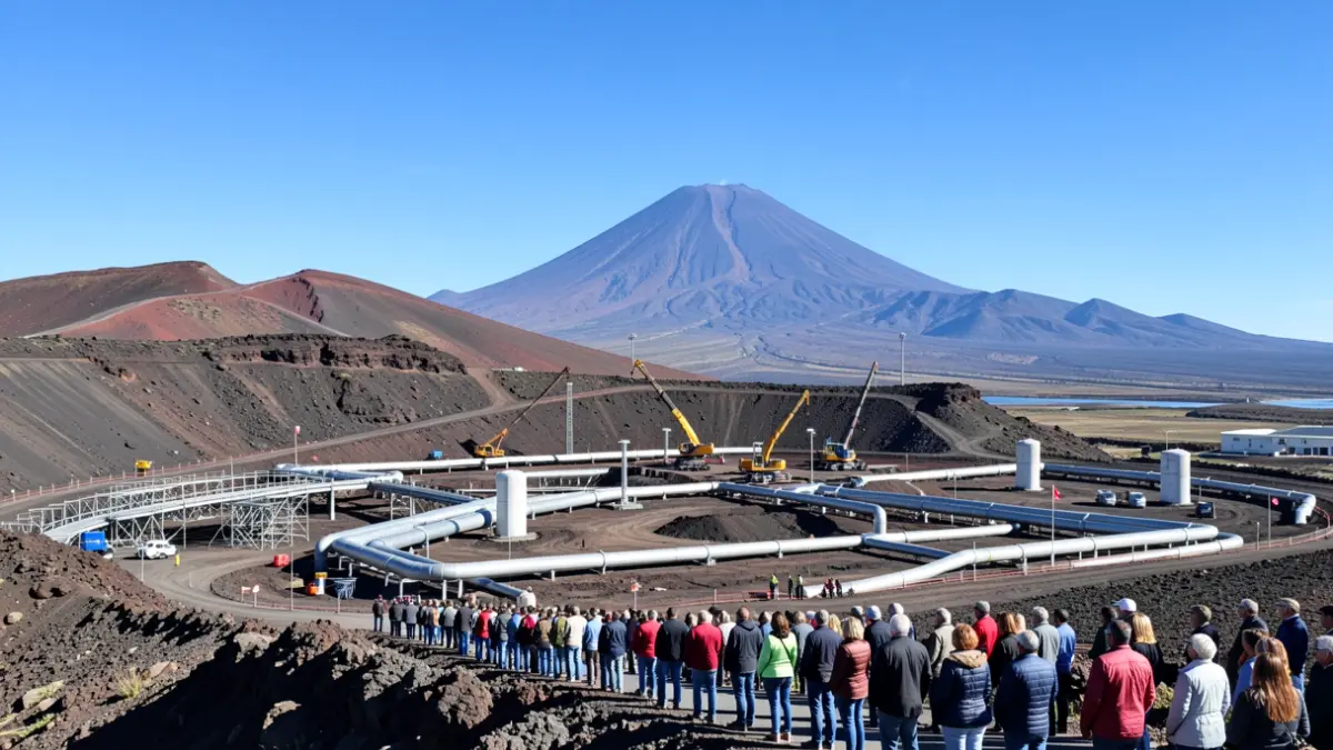 Imagen de la construcción de una central hidroeléctrica en el paisaje volcánico de Canarias, con el Teide al fondo.