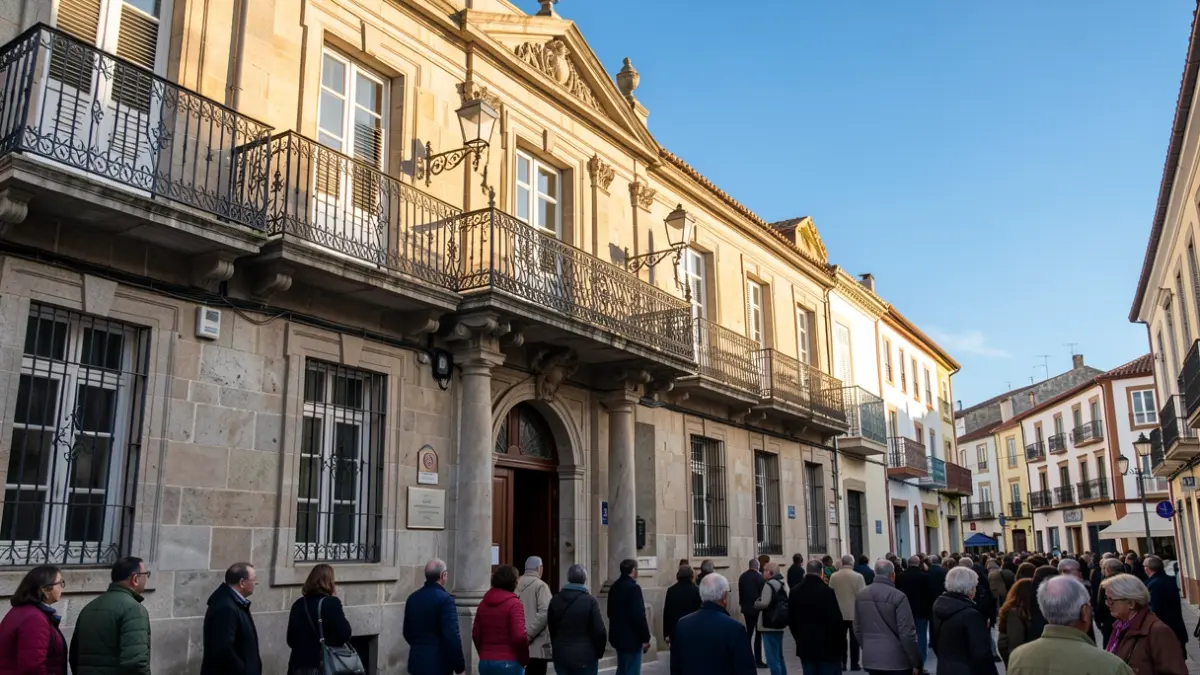 Fachada de piedra de un ayuntamiento canario con balcón de hierro forjado bajo la luz del sol.