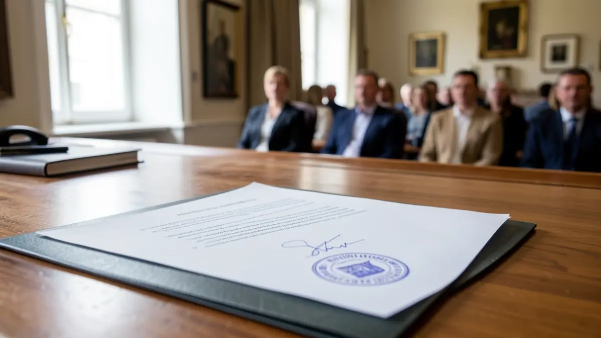 Official document on a wooden desk with natural light.