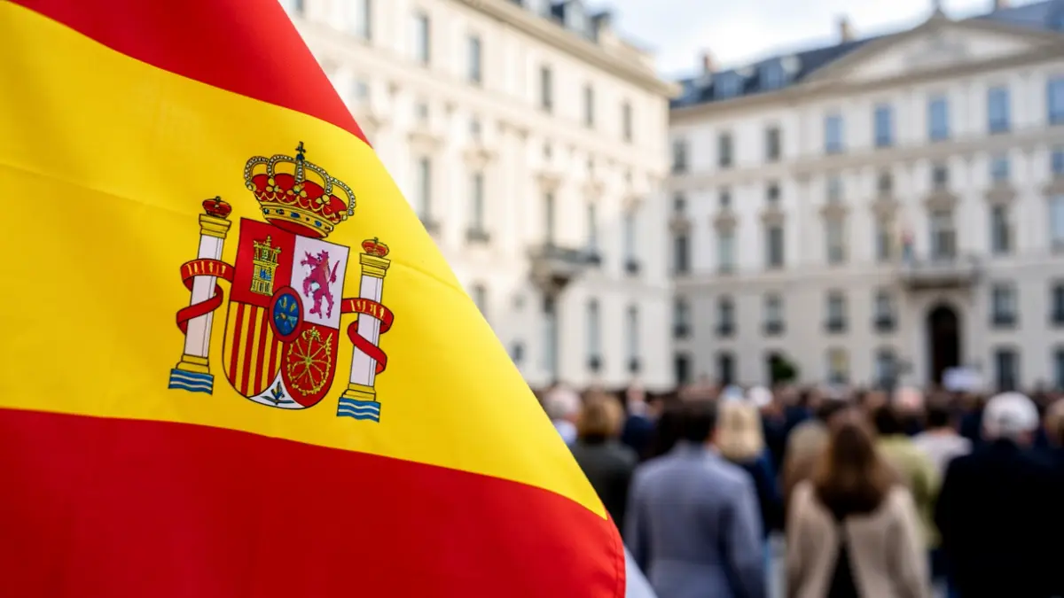 Generic image of the Spanish flag in front of government buildings.