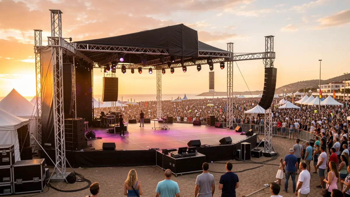 Escenario vacío en un festival de música al aire libre en Gran Canaria durante el atardecer.