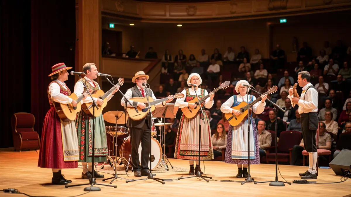 Generic image of a Canarian folk group performing in an auditorium.