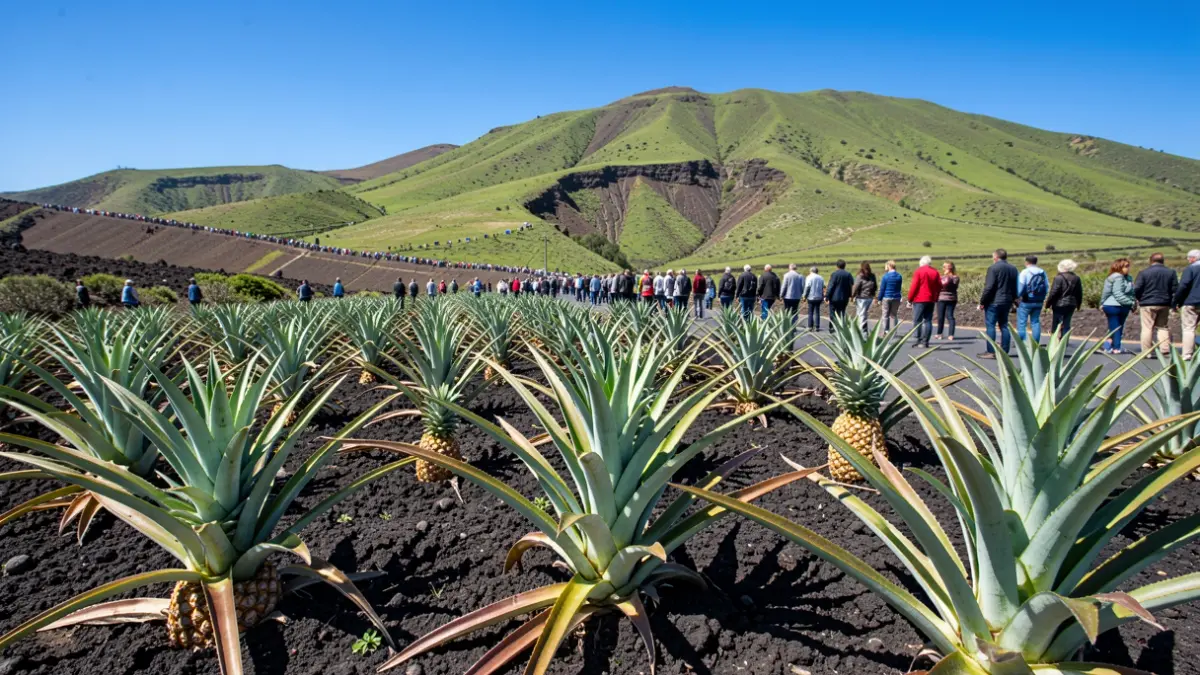 Plantacions de piña tropical a El Hierro, amb el paisatge del Valle de El Golfo al fons.