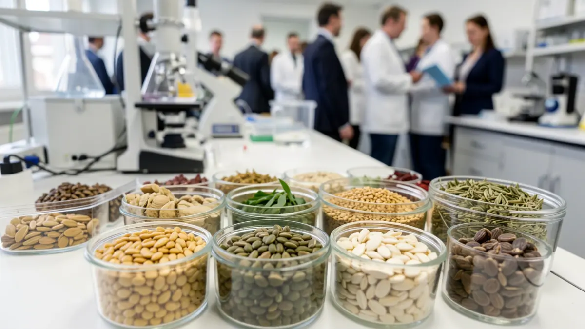 Close-up of seeds and plant samples in scientific containers on a laboratory table.