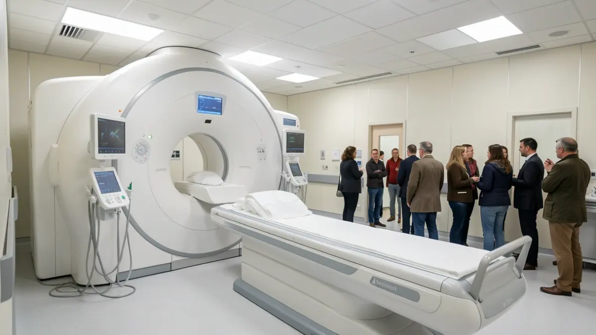 Magnetic resonance imaging room in a hospital with advanced medical equipment.