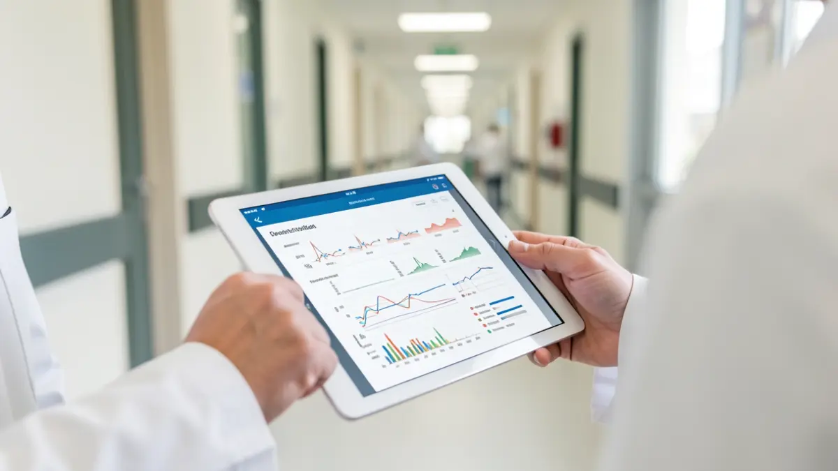 Generic image of a healthcare professional using a digital tablet for patient monitoring.