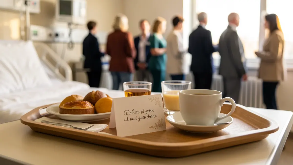 Generic image of a breakfast tray in a hospital setting with a greeting card.