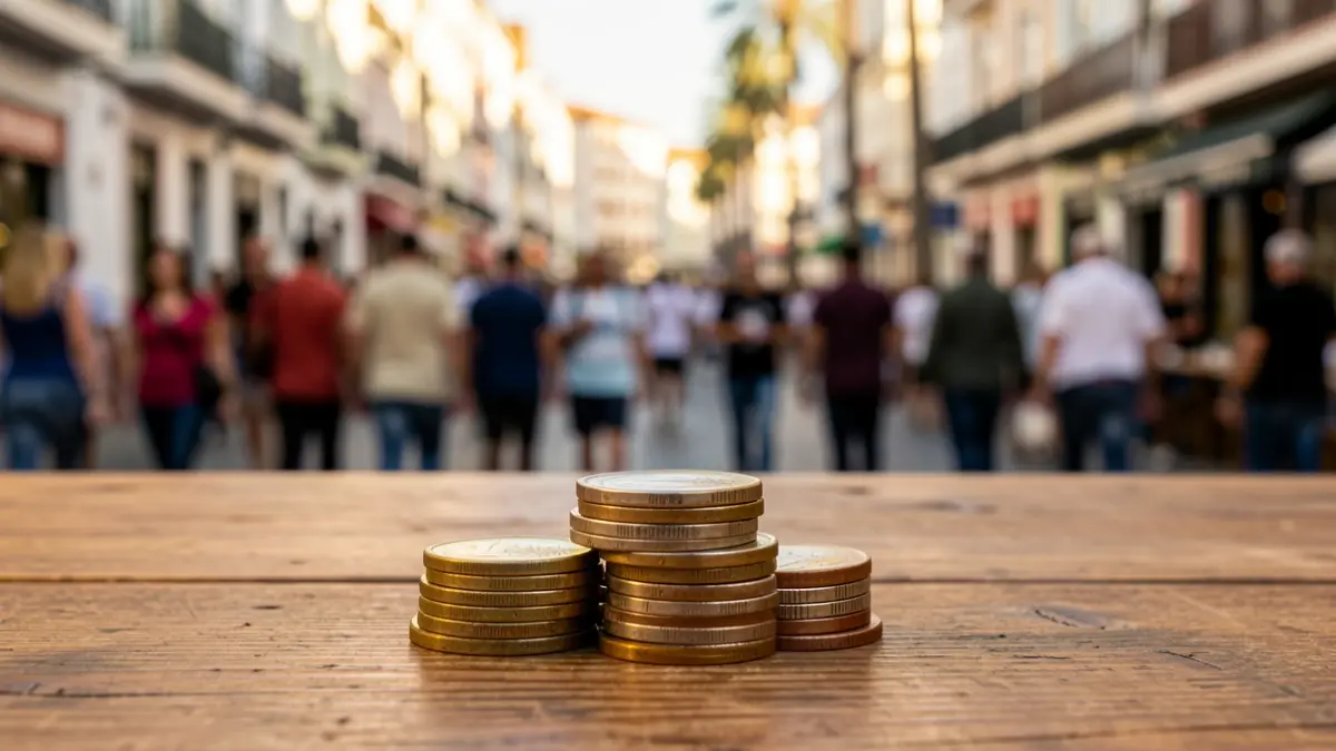 Imagen de monedas de euro sobre una mesa con un fondo urbano desenfocado.