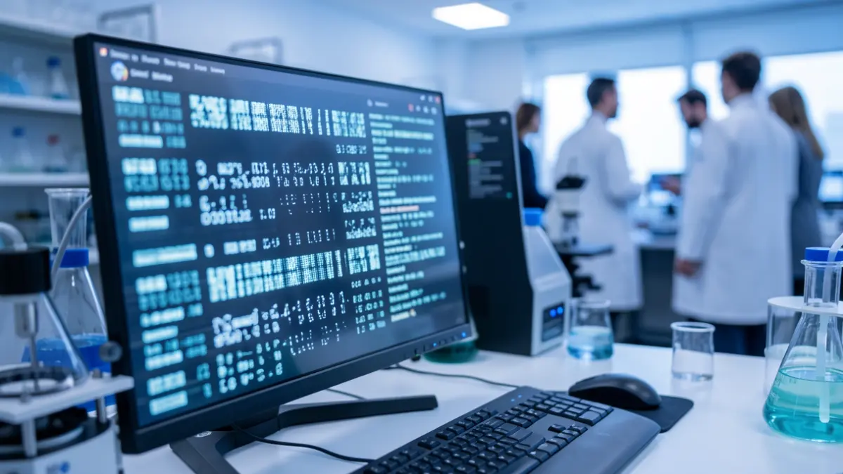 Imagen genérica de un laboratorio de análisis genómico con pantallas digitales.
