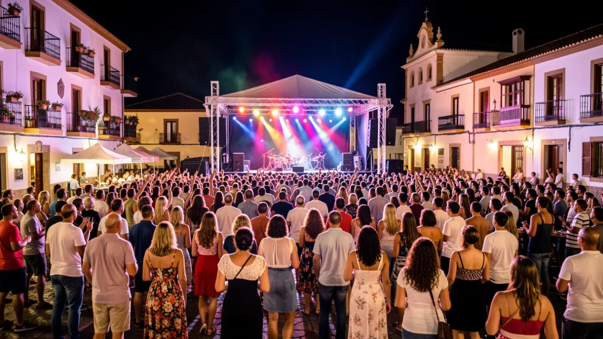 Imagen genérica de un festival de música nocturno con luces de escenario y público.