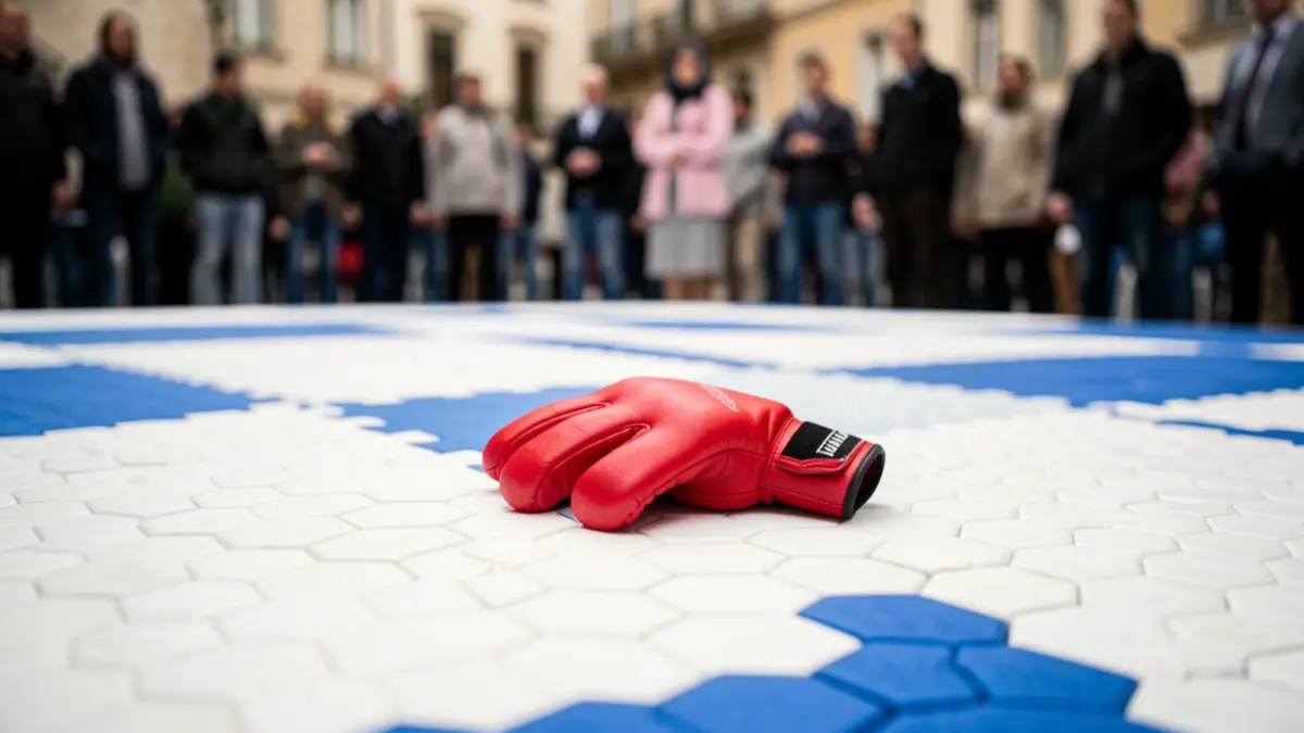 Close-up of a grappling mat with a red competition glove in the center.