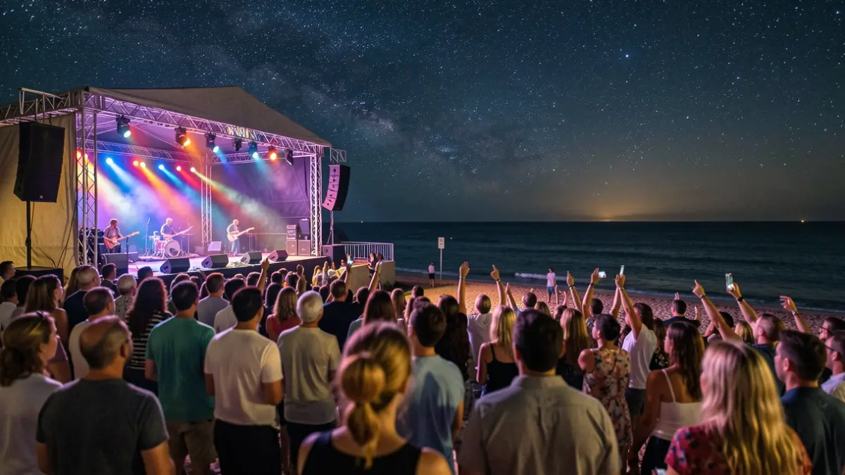 Generic image of a night concert on the beach with an audience.