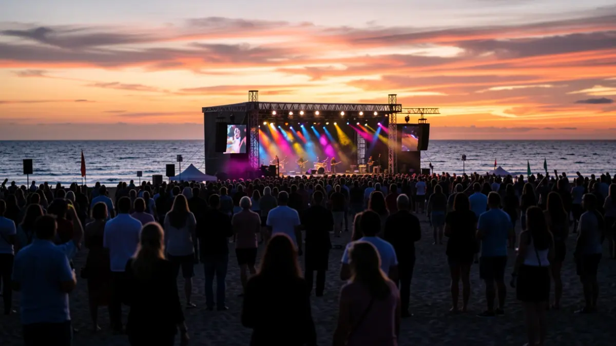 Generic image of an outdoor music festival on a beach at sunset.