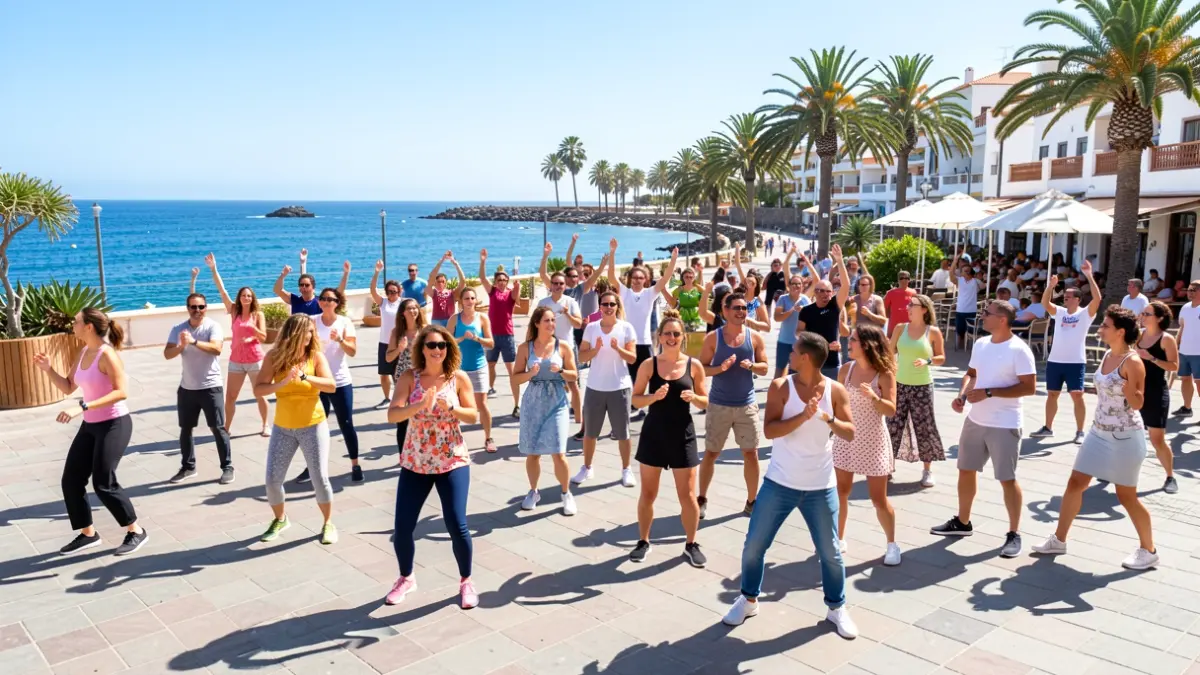 Imagen genérica de una plaza en El Médano con gente haciendo zumba y el mar de fondo.