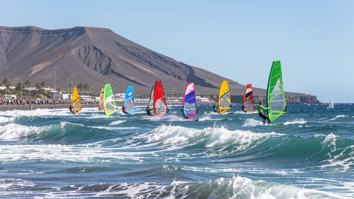 Generic image of windsurfing in El Médano, Tenerife, with colorful sails and volcanic landscape.
