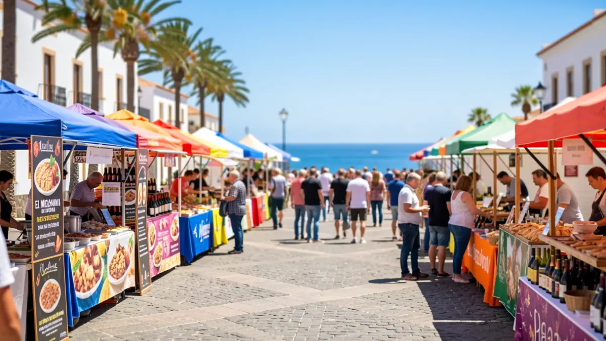 Imagen genérica de un festival gastronómico al aire libre en una plaza con puestos de comida y vino.