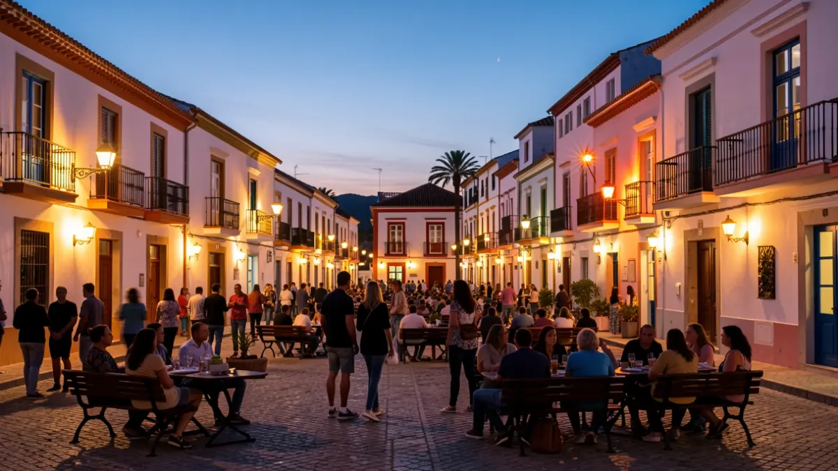 Canary Islands town square at dusk with traditional architecture and warm lighting, suggesting a community gathering.