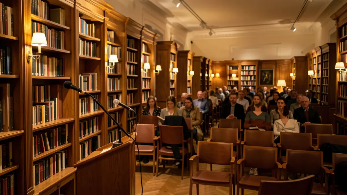 Imagen de una sala de actividades culturales con ambiente acogedor y estanterías de libros.