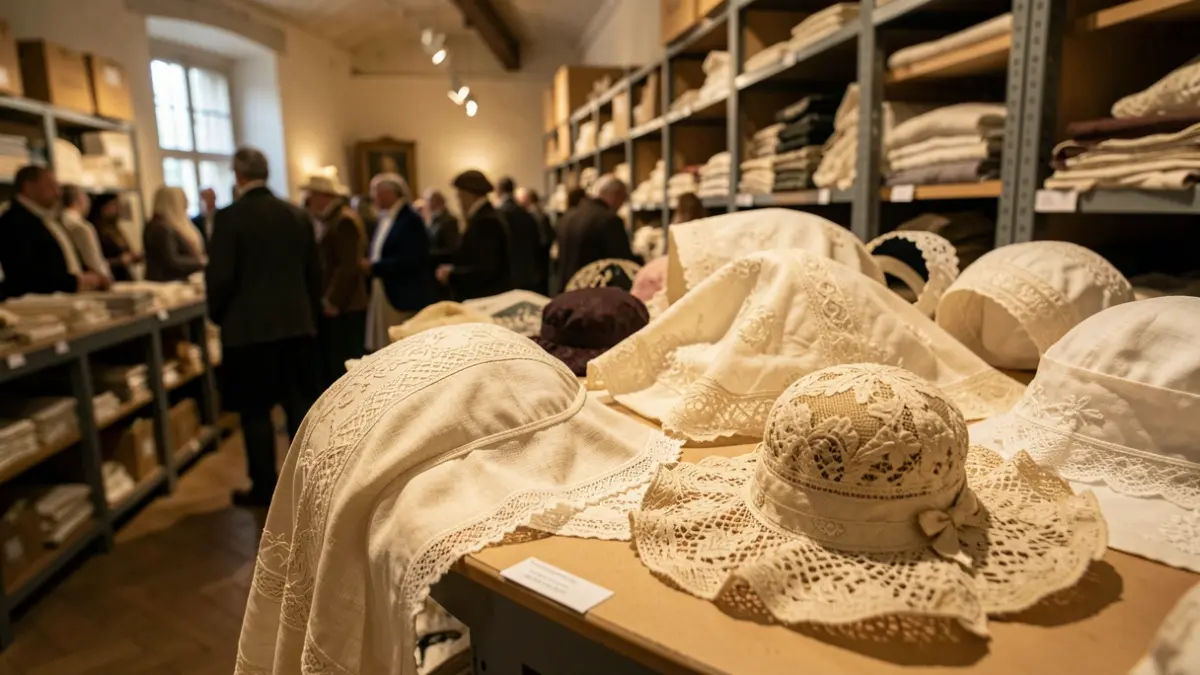 Primer plano de artefactos textiles históricos relacionados con tocados, como sombreros, velos y mantillas, expuestos sin barreras de cristal en un almacén de museo.