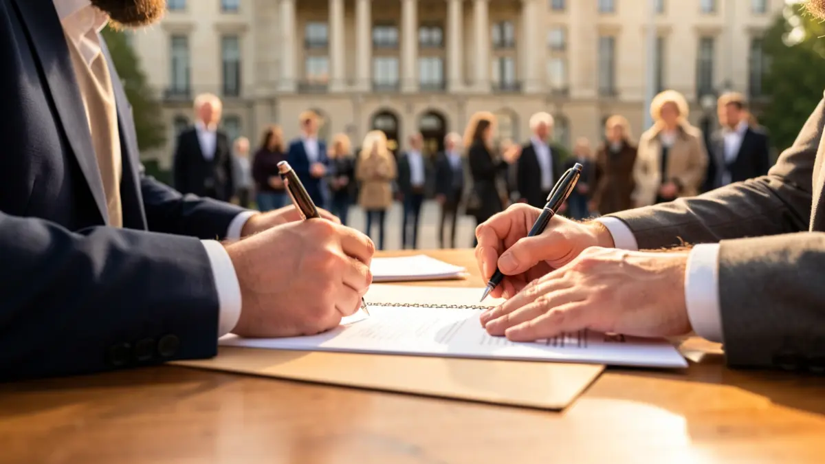 Image of hands signing official documents in an institutional setting.
