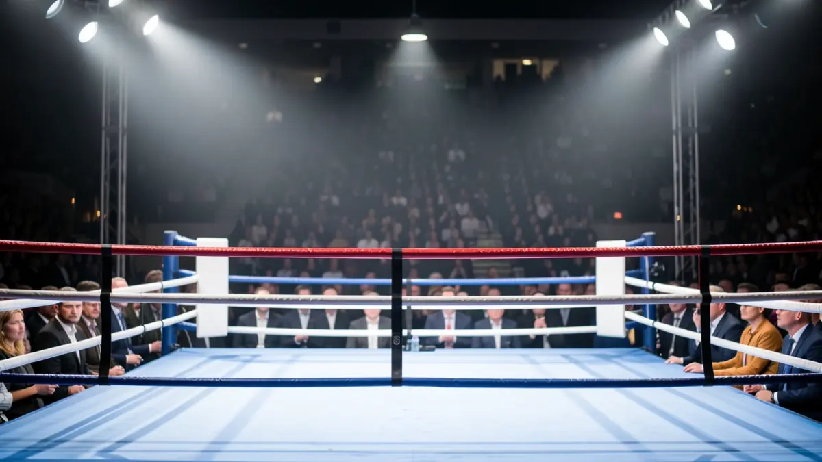 Ring de boxeo vacío iluminado por focos, con ambiente de expectación.