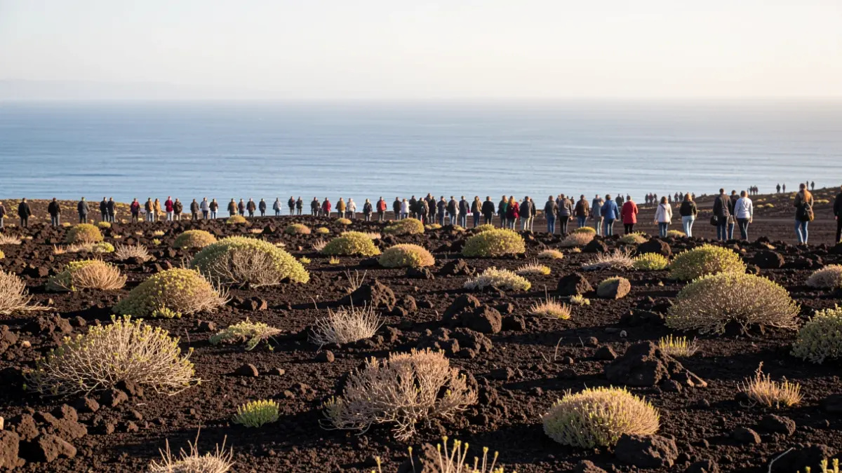 Imagen genérica de un paisaje volcánico de Canarias con vegetación escasa y el océano al fondo.