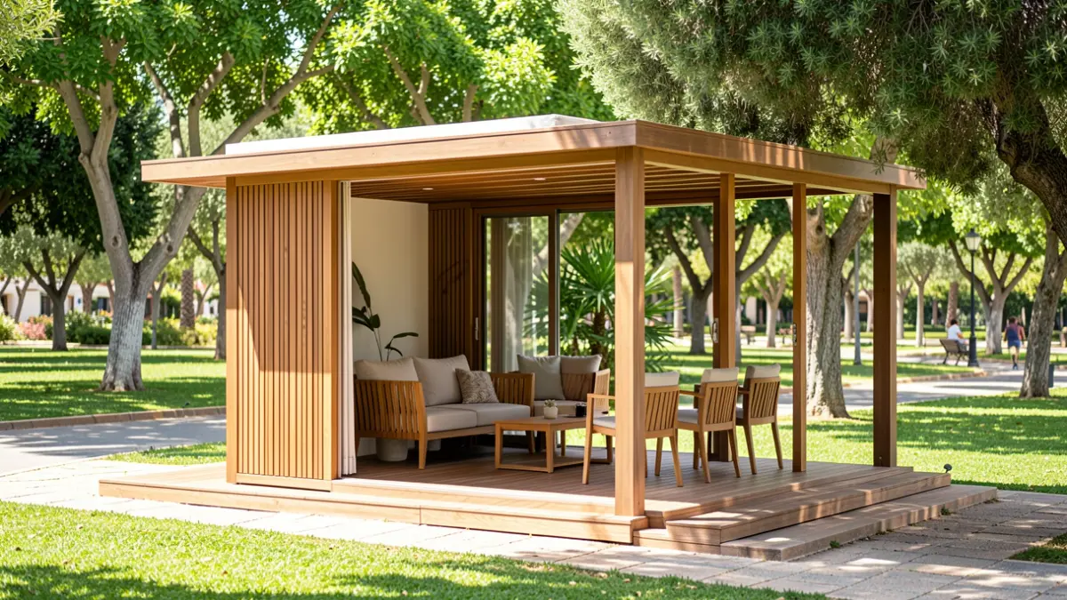 Renovated kiosk in a public park with a terrace and new furniture.