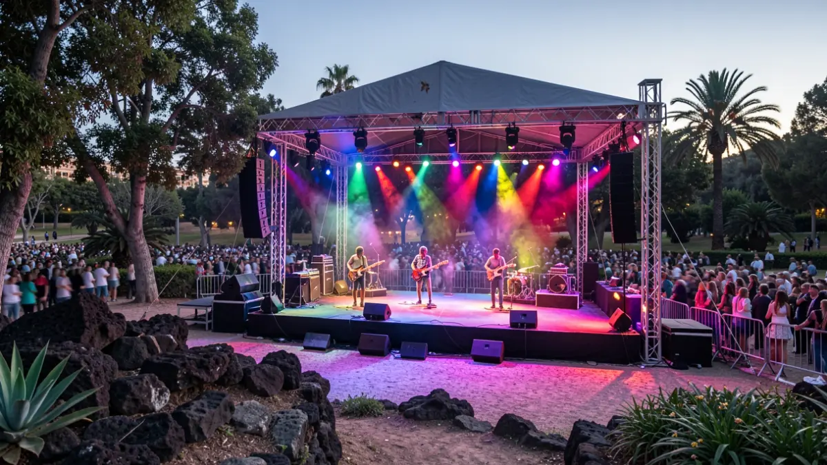 Scene of an outdoor rock music festival at dusk, with stage lights and a blurred audience.