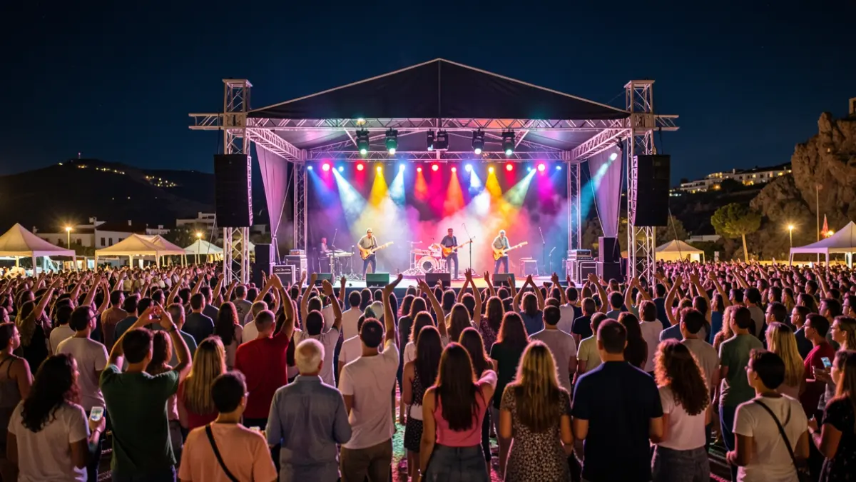 Escena nocturna de un festival de música rock con un escenario iluminado y público disfrutando.