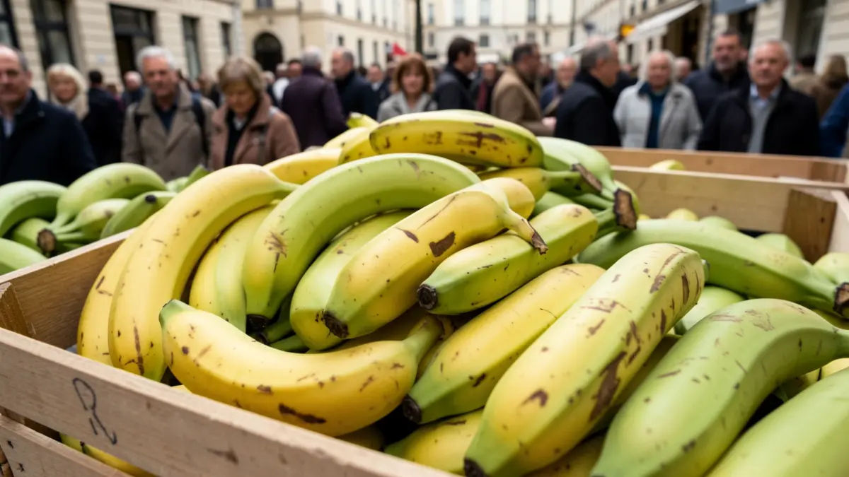 Plátanos de Canarias en una caja, con algunos verdes, indicando exceso de oferta.