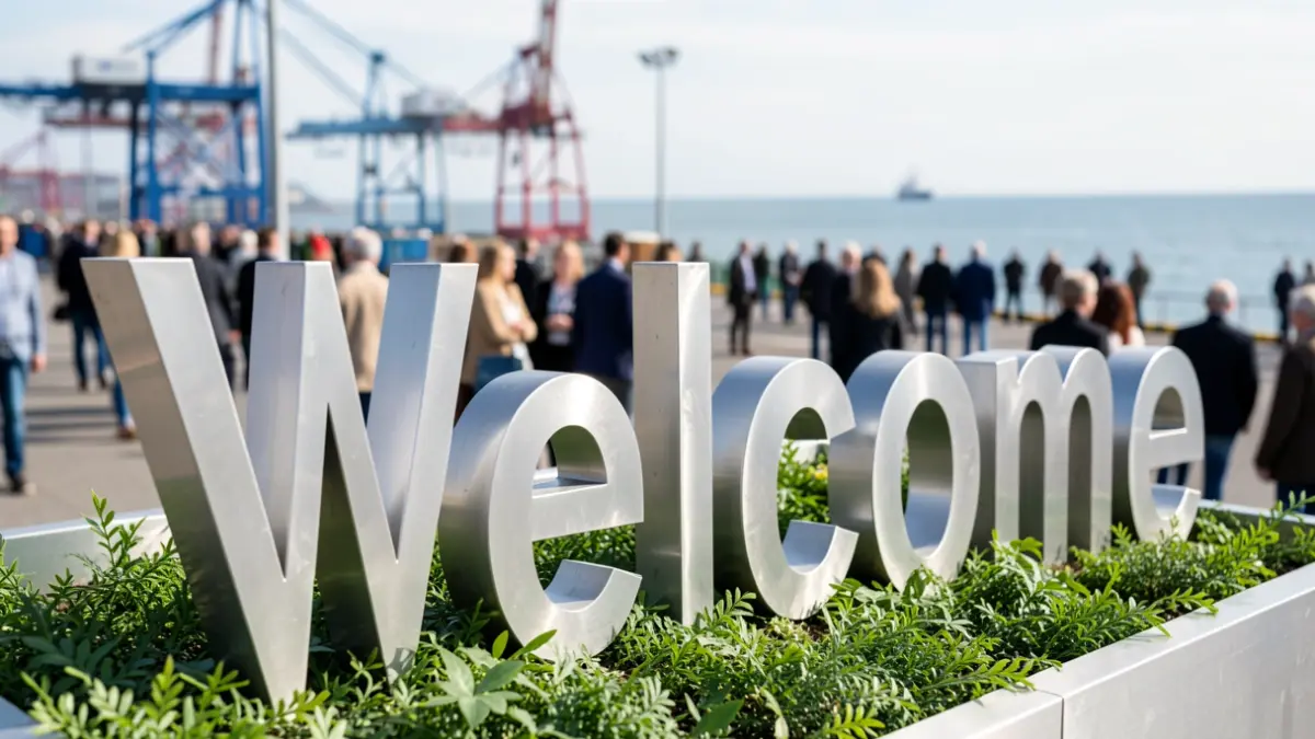 Aluminum 'Welcome' letters with artificial greenery at the entrance to the Santa Catalina Sur pier in the Port of Las Palmas.