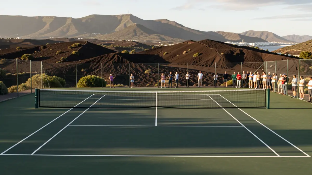 Tennis court in Gran Canaria with volcanic landscape in the background.