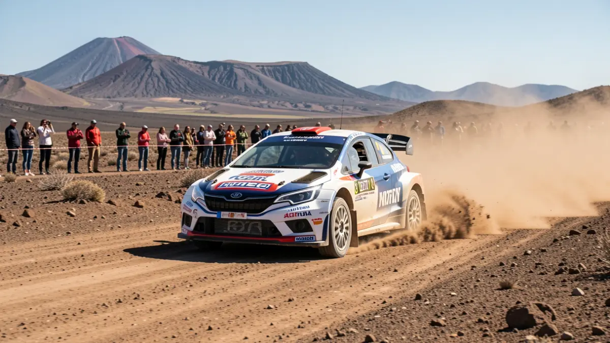 Imagen genérica de un coche de rally en un tramo de tierra volcánico.