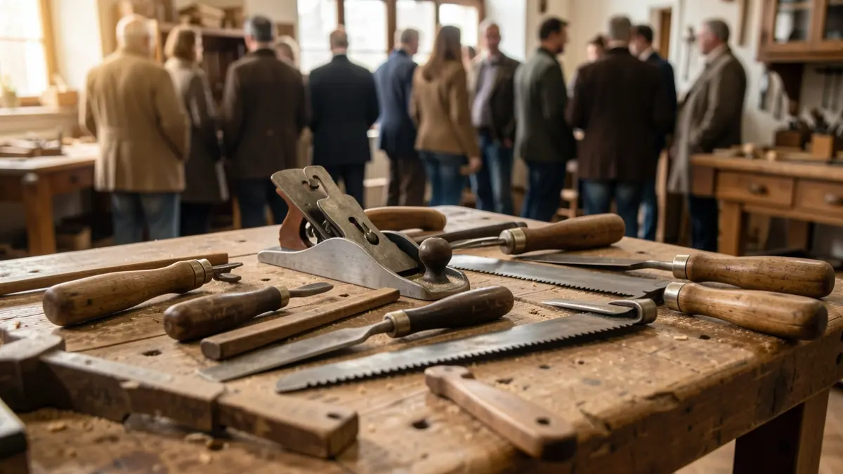 Antique traditional carpentry tools displayed on a workbench.