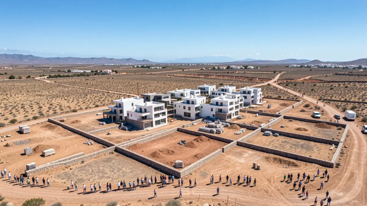 Aerial view of a development area in Gran Canaria with marked plots.