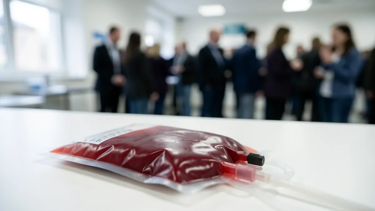 Bolsa de sangre en primer plano sobre fondo blanco estéril.