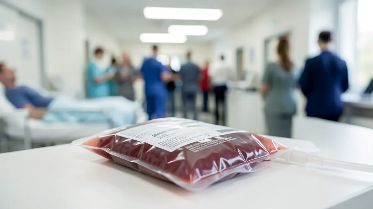 Generic image of a blood donation bag in a hospital setting.