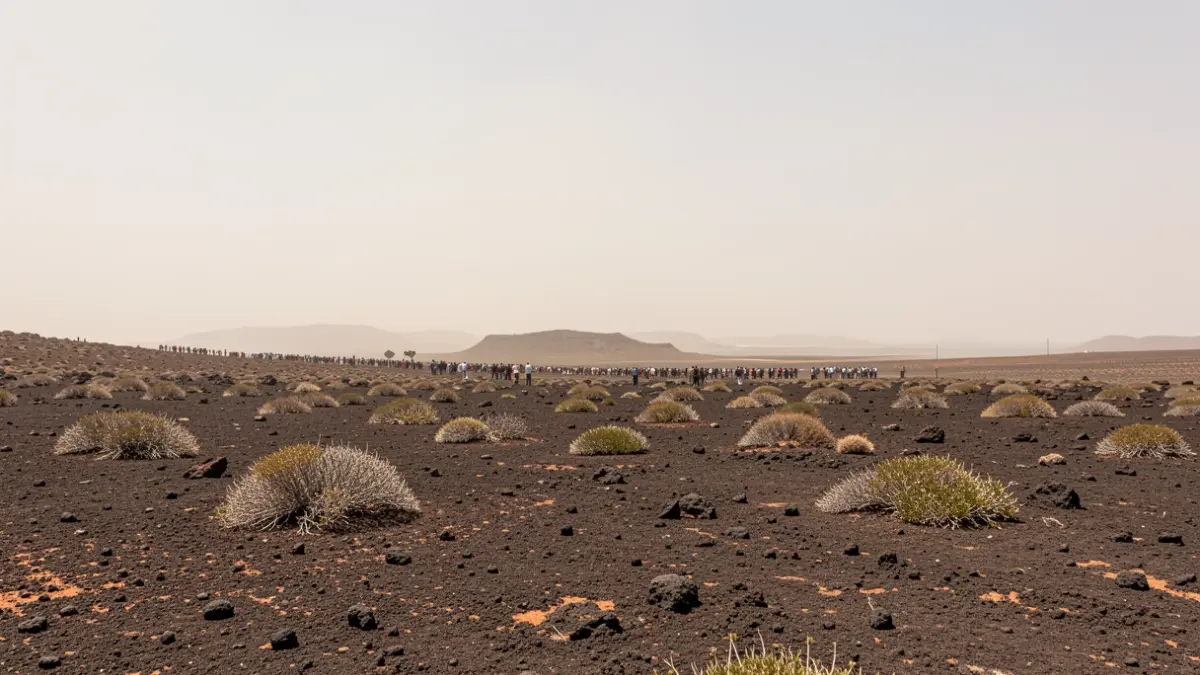 Arid landscape in the southwest of Gran Canaria under a hazy sky.